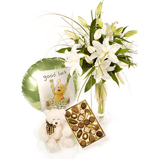 VA06 Lily Sensation in White including vase is delivered with a SD03 160g box of chocolates SD01 Ted