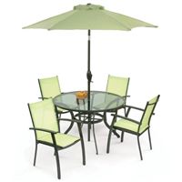 Aluminium 6 piece textiline outdoor dining set. Includes 4 chairs, tempered glass top table and