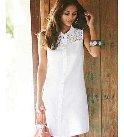 A-line in shape, this shirt dress can be worn loose or with a belt to cinch in the waist. With lace panel detailing to the front yoke and a button through fastening placket. Dress Features: Washable 50% Linen, 50% Cotton Length approx. 96 cm (38 ins)