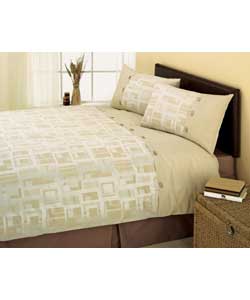 Modern jacquard bedding with linen and wooden effect buttons. Includes duvet cover and 2