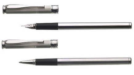 Two stunning hand-crafted silver writing instruments with fine-line design detail; a fountain pen an