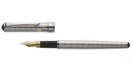 A stylish fountain pen with a contemporary chequerboard design, presented in a leather pouch. A stun