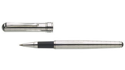 A stylish rollerball pen with a contemporary chequerboard design, presented in a leather pouch. A st