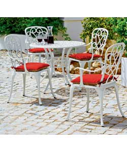 Cream colour.Cast aluminium round table and 4 high back chairs.Suitable for outside storage.Table an