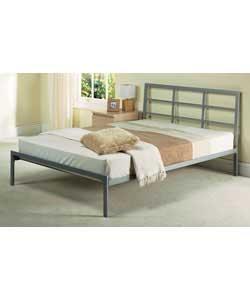 Silver coloured frame with grid design headboard and simple footboard. Supplied with metal slats. Si