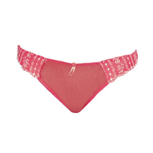 Raspberry coloured thong with embroidered trimmings, ruched netting and rosebud ribbons. 48 nylon, 4