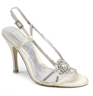 This beautiful bridal satin sandal has a high covered heel and diamante encrusted buckle on the ankl