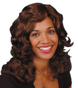 A lovely long curly wig in brown. Also available in black blonde or ginger. Approximately 28" in len
