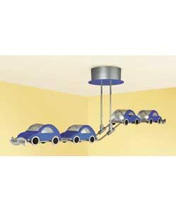 Silver painted finish with blue cars.Size (H)25.5, (L)72cm.Requires 4 x 10 watt bin pin halogen