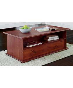 Chestnut effect coffee table.1 wide drawer and shelf.Wooden knobs.Size (L)106.8, (W)61.5,