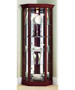 Mahogany effect display cabinet.1 glass door. 4 internal shelves.Plastic gold colour round