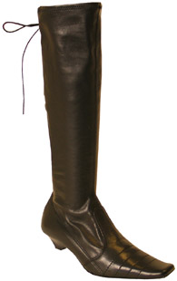 Maisy, square toe knee high boot featuring stretchy leg and lave up detail at the back. Lining: text