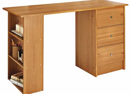 In pine-effect finish and with silver-coloured handles. this Malibu desk is ideal for studies and bedrooms. Bookcase can be fitted to the left or right side. Part of the Malibu collection Wood effect desk with plastic handles. 3 drawers. 3 fixed shel