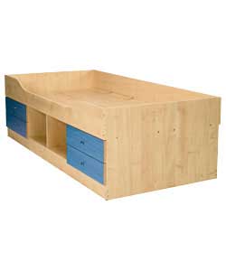 Maple finish with 4 blue drawers and a central open storage section on the side of the bed. Size (W)