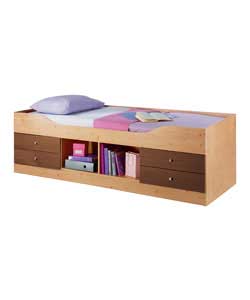 Maple finish with 4 mocha colour drawers and a central open storage section on the side of the bed. 