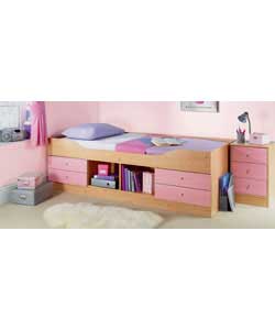 Maple finish with 4 pink drawers and a central open storage section on the side of the bed. Size (W)