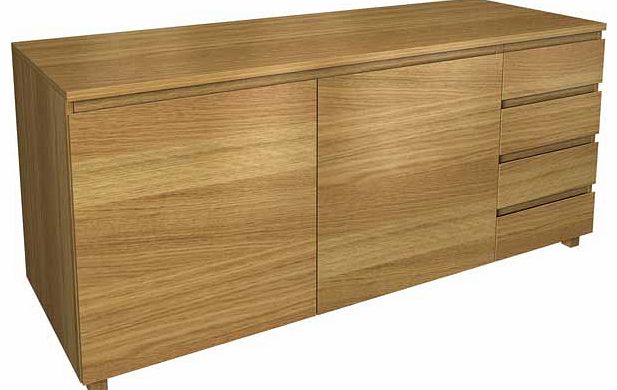 This 2 door 4 draw oak veneer sideboard is perfect for storage and providing additional space in your dining room. The Marco oak sideboard is designed to be fuss free so has a very clean and modern handle free design. Part of the Marco collection. Si
