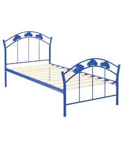 Metal frame with car detail in royal blue on headboard/footboard.Pine slatted base.Overall size