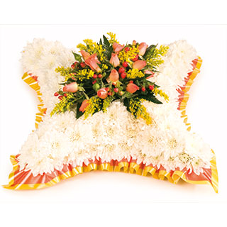 A bright and cheerful massed cushion in yellow and orange tones.