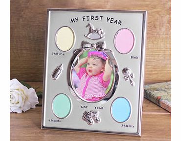This unusual silver plated My First Year collage photo frame is a beautiful keepsake gift perfect for a newborn baby christening baptism or naming ceremony.The My First Year Pearl Silver Collage Photo Frame has a matt and shiny silver finish. Around 