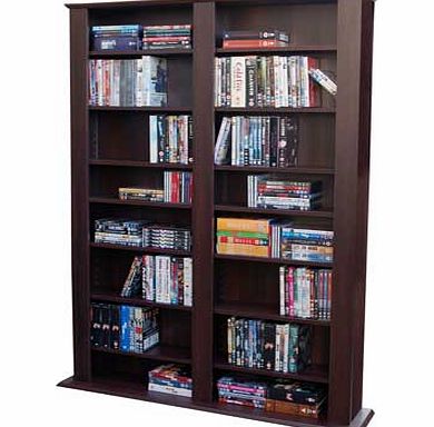 Large free standing dark oak effect finish multimedia storage unit with adjustable shelves - capacity 1060 CDs or up to 420 DVDs / Blu-rays / computer games. Wall strap for additional stability. Shelf: W52.6 x D15cm. Please note total capacity includ