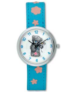 Image of me to you; bear holding a flower on the dial.Fabric strap