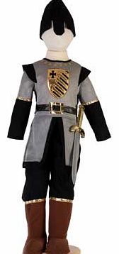 A Medieval costume with a chainmail effect tunic that has a gold motif and mock leather belt detail. This outfit also includes black trousers. mock brown boots. a black helmet and a sword to complete the outfit. Suitable for height 98 to 110cm. For a