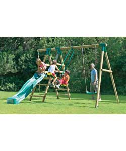 Frame made from treated wood. Includes swing, sky-scooter, knotted climbing rope plus ladder to