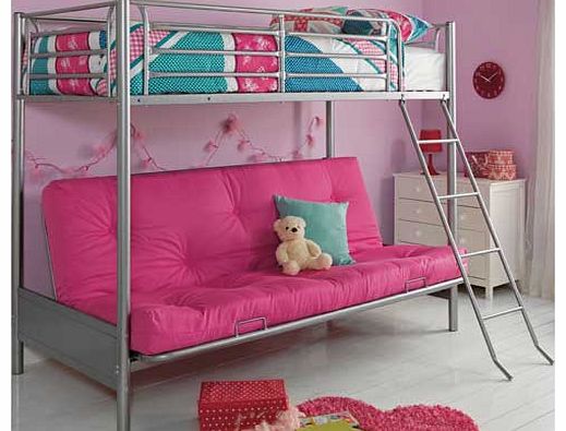 This bunk bed is perfect for creating a relaxed kids bedroom. With a futon underneath the main bed. the Metal Fuchsia Futon Bunk Bed with Elliott Mattress is great for maximising space in a modern bedroom. This bunk bed comes with an open coil. mediu