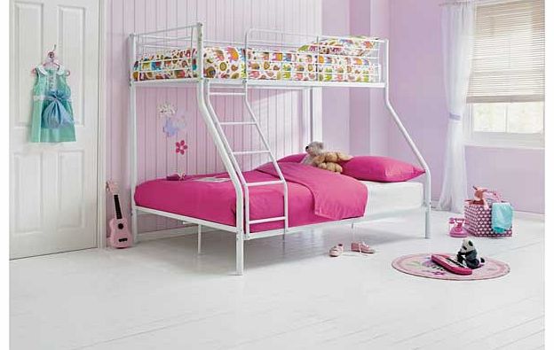 This Metal Triple Bunk Bed Frame is perfect when you have two children of different ages sharing a bedroom. This stylish white metal set of bunk beds comes with 2 open coil. medium feel mattresses with a depth of 16cm each. Bunk: Ladder can be positi