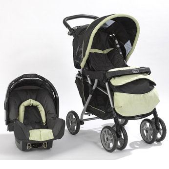 A stylish and comfortable travel system with a compact folding stroller pushchair and a Group 0  car