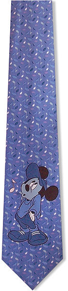 A bashful Mickey Mouse whistling notes on medium lilacy blue background tie