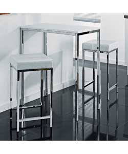 Chrome metal frame table with a white foiled table top.Two stools with chrome metal legs and a white