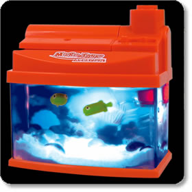 The tiny 10cm aquarium has two colourful fish which bob and swim about in a realistic fashion due