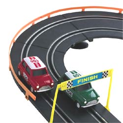 Includes 39in x 19in (99cm x 48cm) loop track, crash barriers, two racing Minis, two