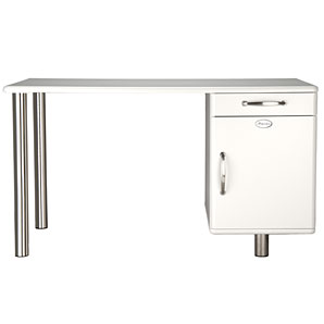 This funky lacquered desk arrives with chromed legs, a drawer and storage cupboard. Flat packed for 