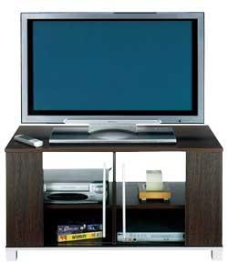 Wenge effect entertainment unit with 2 toughened glass doors with silver effect matching feet,