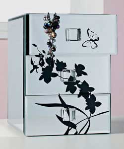 3 draw jewellery box with flower design on front of draws.Size (H)15, (W)17, (D)15cm.