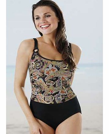 Swimsuit with ruched top in Paisley pattern. Padded cups with wide band under bust give beautiful shape and good support. Figure shaping lining at front and back. Brand: Miss Mary Of Sweden Adjustable shoulder straps Lined gusset Washable 51% Polyami