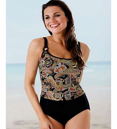 Swimsuit with ruched top in Paisley pattern. Featuring padded cups with wide band under bust that give beautiful shape and good support, figure shaping lining at front and back, and adjustable shoulder straps. Brand: Miss Mary Of Sweden Lined gusset 