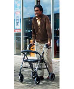 Robust and lightweight aluminium rollator. Suitable for indoor and outdoor use. Features easy grip h