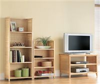 Solid topped natural pine furniture with rattan shelving and contemporary feet design. Available in