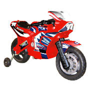 This Moto Tech racing superbike operates with motor and includes 6v rechargeable battery. With foot 