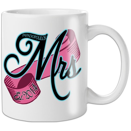 Mr and Mrs Personalised Mugs - Vintage Scroll The Mr and Mrs Personalised Mugs are each sold separately so you can mix and match! The Mr mug has a blue scroll and the Mrs mug has a pink scroll. Personalise with a surname up to 12 characters long and 