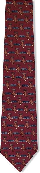 A fun tie with Mr Bean`s teddy all over on a rusty brown background.