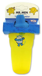 A yellow beaker decorated with Mr Bump on one side with a blue non-spill lid
