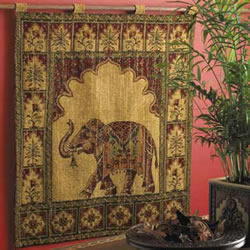 A ceremonial elephant set amidst a frame of Mughal motifs. 21% cotton, 18% viscose, 53% polyester,