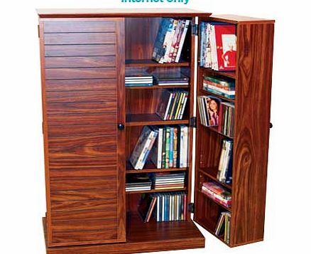 Louvre style free standing walnut effect finish multimedia cabinet with a walnut finish and adjustable shelves. Doors open up and contain even more storage space. Can hold up to 600 CDs or 290 DVDs / Blu-rays / computer games or a combination of CDs.