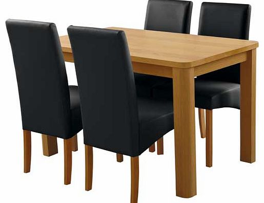 Give your home a stylish edge with this dining table and chairs from the Mursley collection. This wood table has an oak veneer finish and the 4 chairs have an oak effect finish and leather effect seat pads and back rests. This Mursley dining set is p
