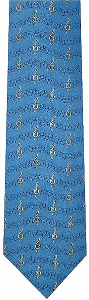 A stunning royal blue tie with black musical notes and gold treble clefs